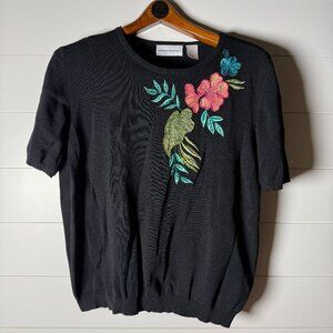 Alfred Dunner Short Sleeve Black with Tropical Flowers Sweater Sz XL